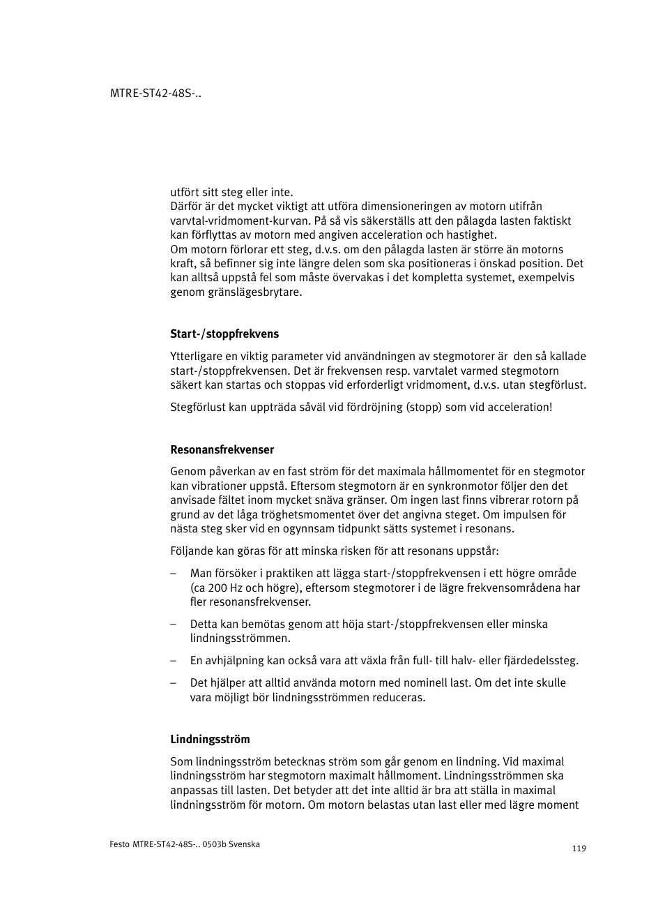 Start-/stoppfrekvens, Resonansfrekvenser, Lindningsström | Festo Шаговые моторы MTRE-ST User Manual | Page 119 / 140