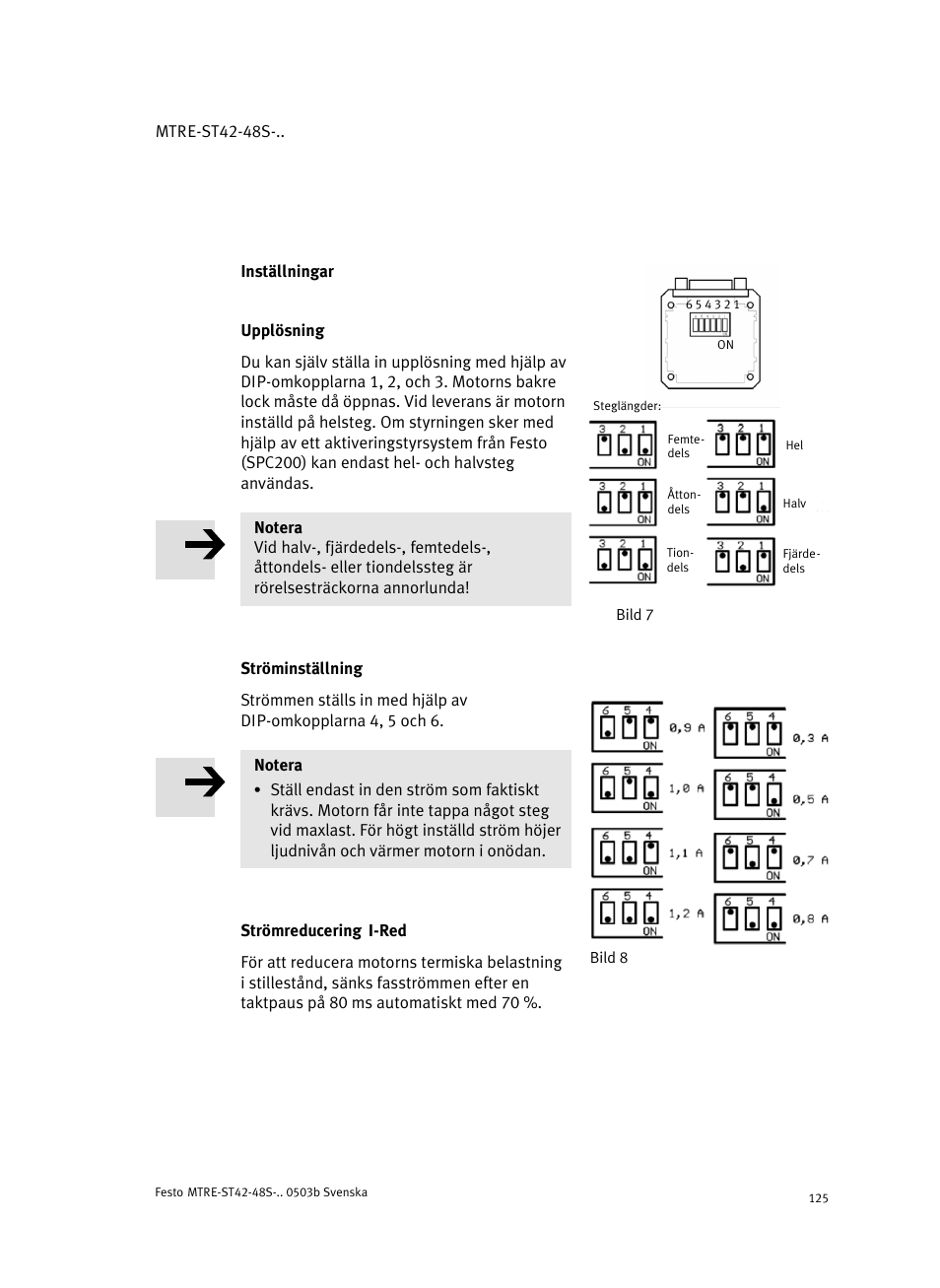 Inställningar, Upplösning, Ströminställning | Strömreducering i-red | Festo Шаговые моторы MTRE-ST User Manual | Page 125 / 140