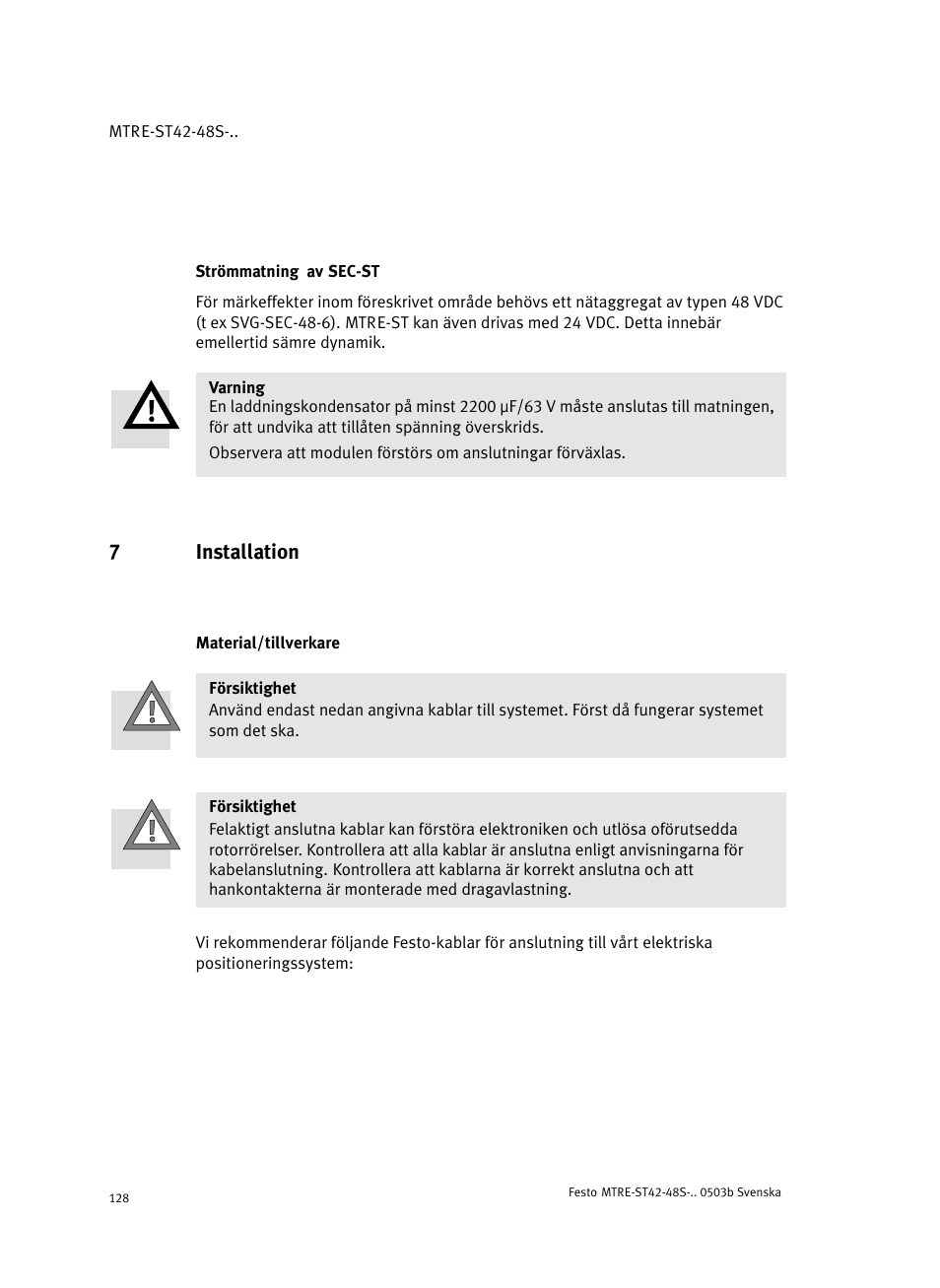 Strömmatning av sec-st, 7 installation, Material/tillverkare | 7installation | Festo Шаговые моторы MTRE-ST User Manual | Page 128 / 140