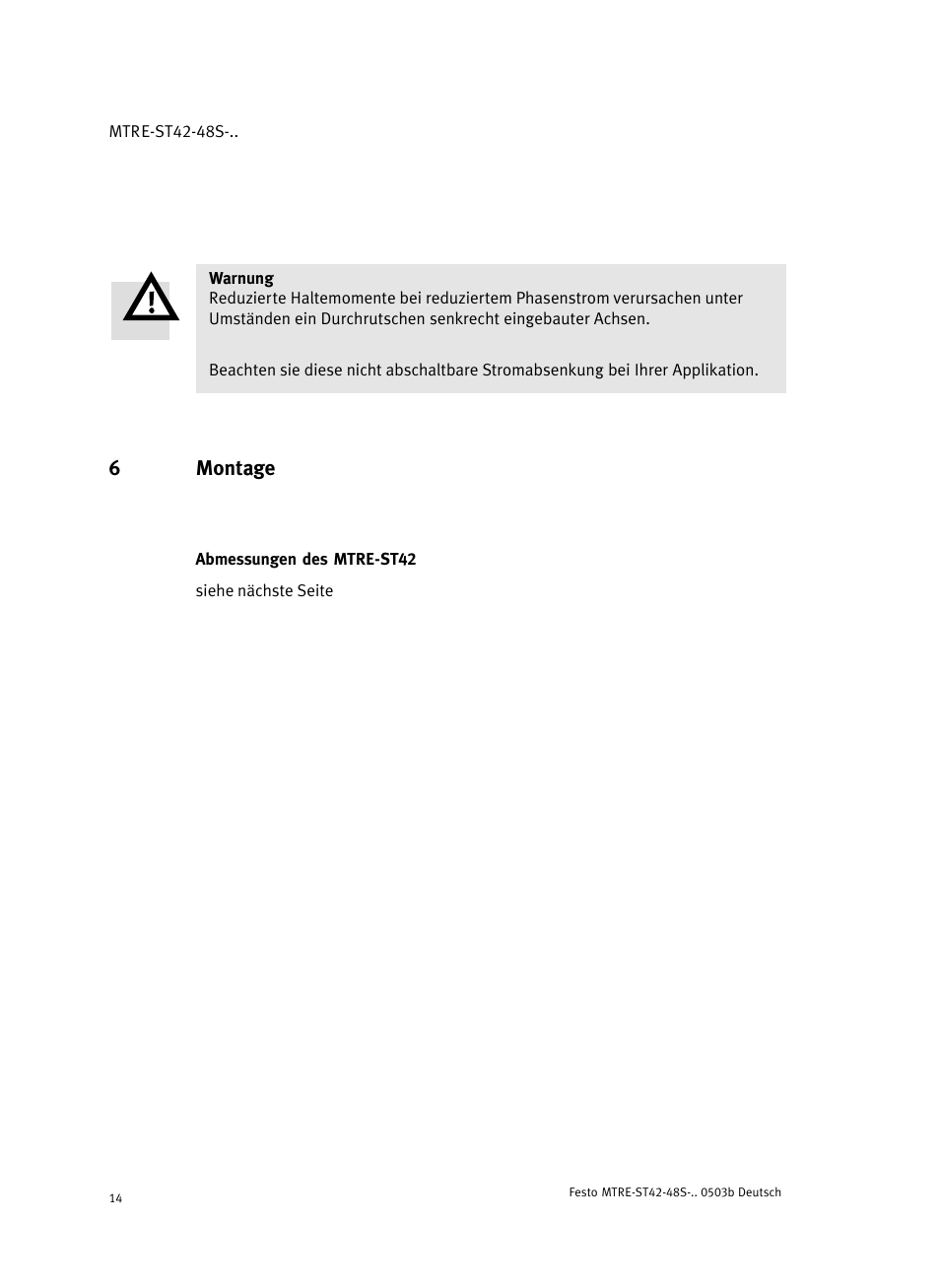 6 montage, Abmessungen des mtre-st42, 6montage | Festo Шаговые моторы MTRE-ST User Manual | Page 14 / 140