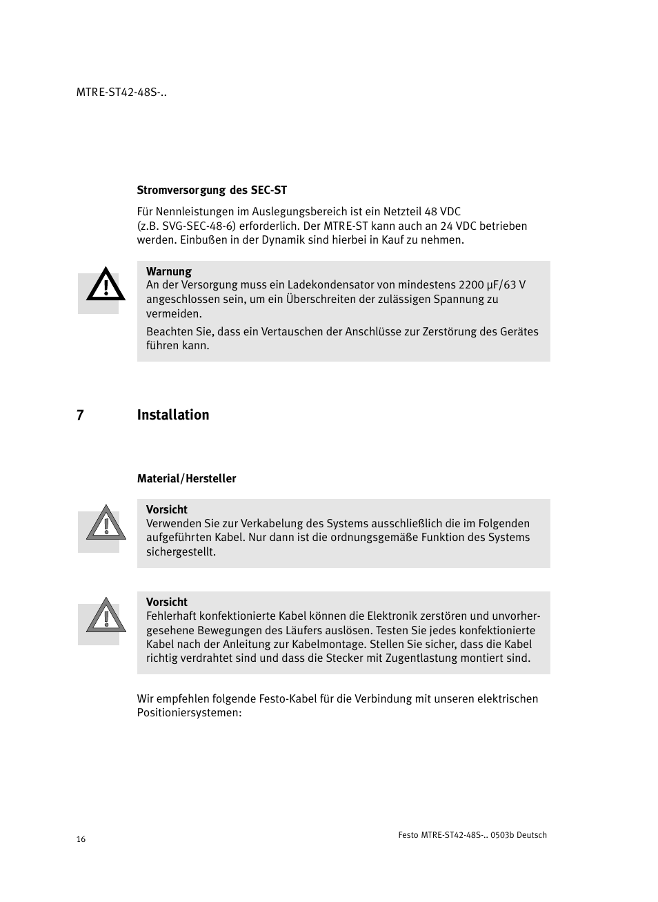 Stromversorgung des sec-st, 7 installation, Material/hersteller | 7installation | Festo Шаговые моторы MTRE-ST User Manual | Page 16 / 140