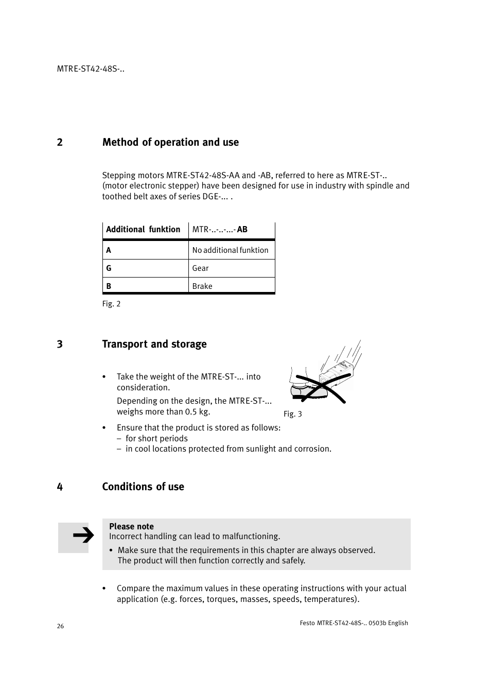 2 method of operation and use, 3 transport and storage, 4 conditions of use | 2method of operation and use, 3transport and storage, 4conditions of use | Festo Шаговые моторы MTRE-ST User Manual | Page 26 / 140