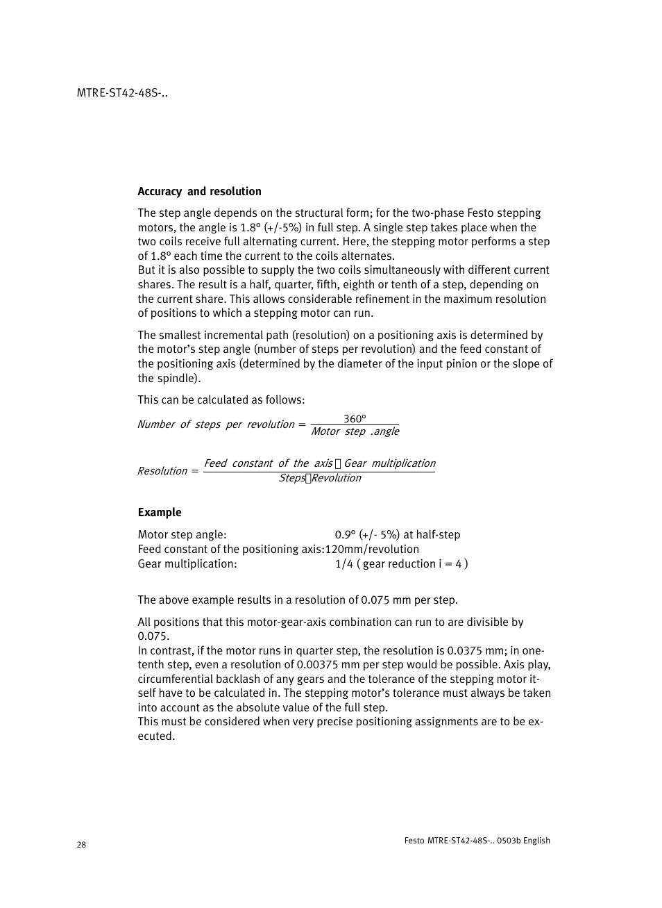 Accuracy and resolution, Example | Festo Шаговые моторы MTRE-ST User Manual | Page 28 / 140