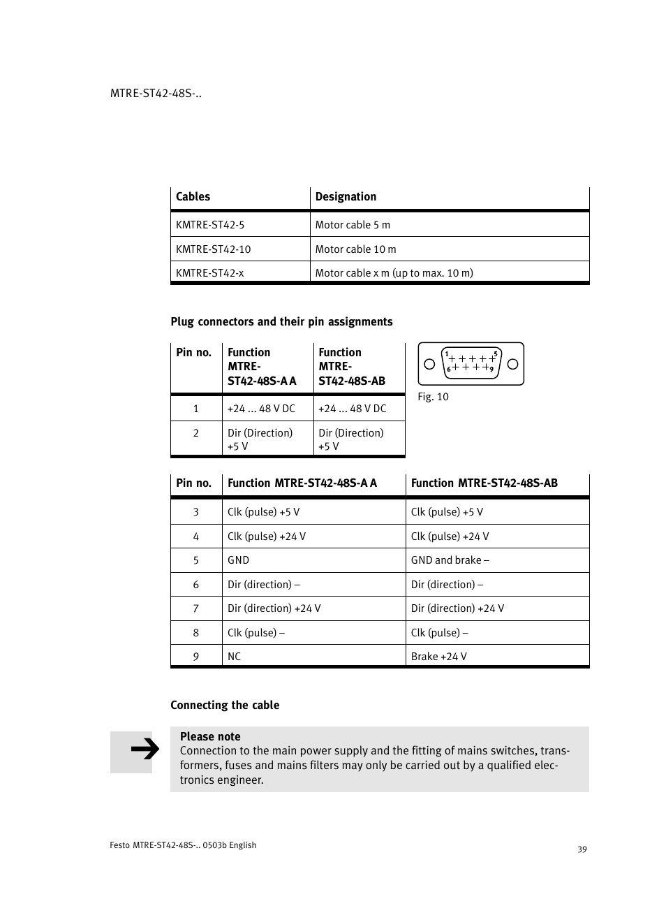 Plug connectors and their pin assignments, Connecting the cable | Festo Шаговые моторы MTRE-ST User Manual | Page 39 / 140