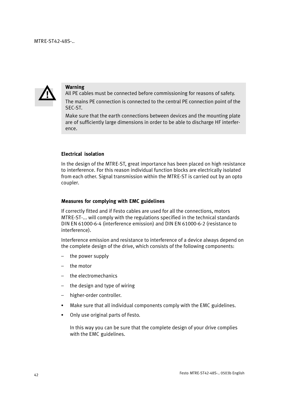 Electrical isolation, Measures for complying with emc guidelines | Festo Шаговые моторы MTRE-ST User Manual | Page 42 / 140