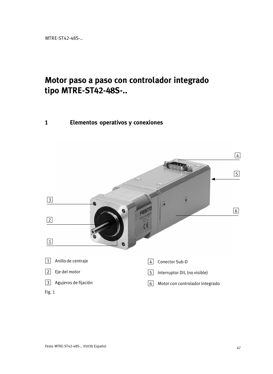 Español, 1 elementos operativos y conexiones | Festo Шаговые моторы MTRE-ST User Manual | Page 47 / 140
