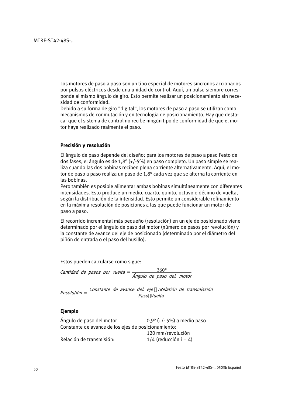 Precisión y resolución, Ejemplo | Festo Шаговые моторы MTRE-ST User Manual | Page 50 / 140