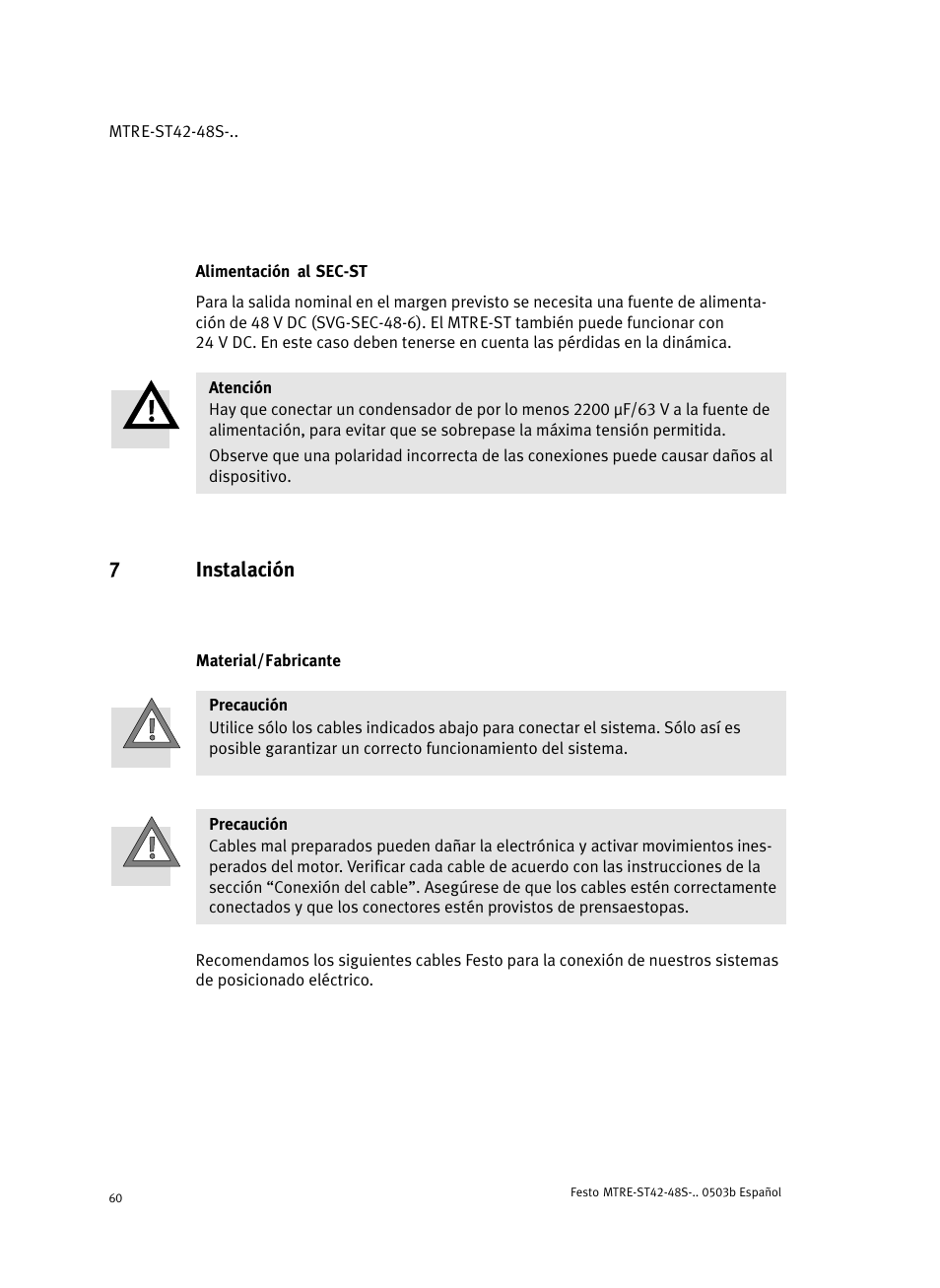 Alimentación al sec-st, 7 instalación, Material/fabricante | 7instalación | Festo Шаговые моторы MTRE-ST User Manual | Page 60 / 140