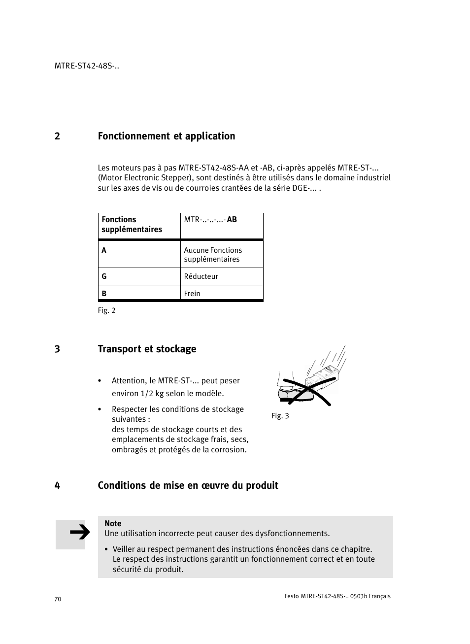 2 fonctionnement et application, 3 transport et stockage, 4 conditions de mise en ĺuvre du produit | 2fonctionnement et application, 3transport et stockage, 4conditions de mise en ĺuvre du produit | Festo Шаговые моторы MTRE-ST User Manual | Page 70 / 140