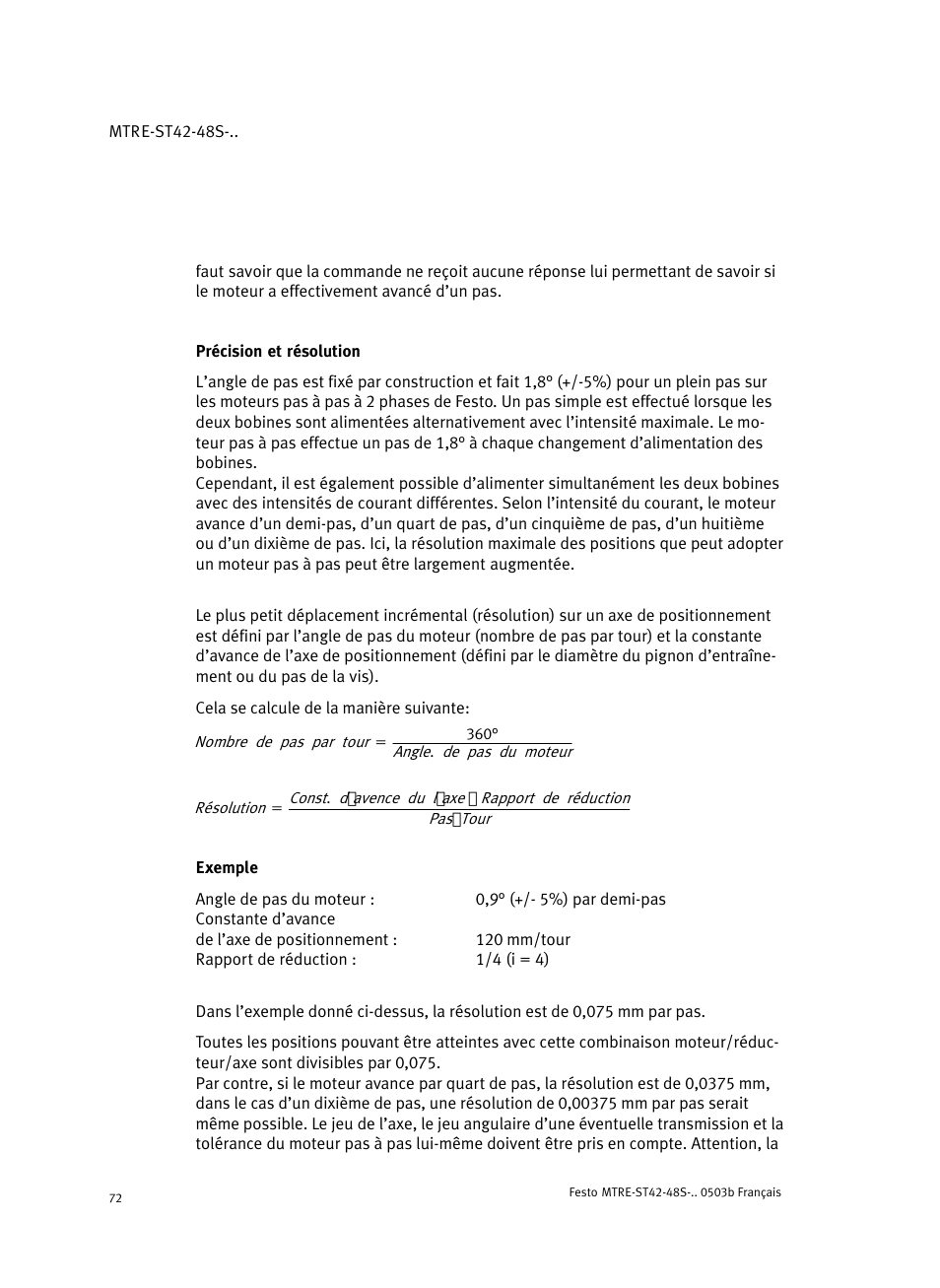 Précision et résolution, Exemple | Festo Шаговые моторы MTRE-ST User Manual | Page 72 / 140