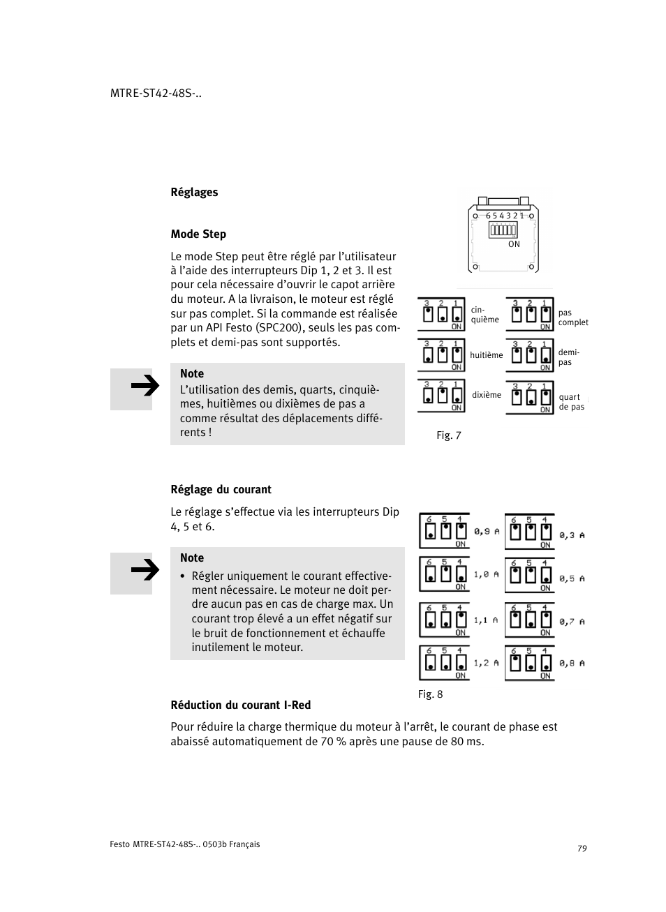 Réglages, Mode step, Réglage du courant | Réduction du courant i-red | Festo Шаговые моторы MTRE-ST User Manual | Page 79 / 140