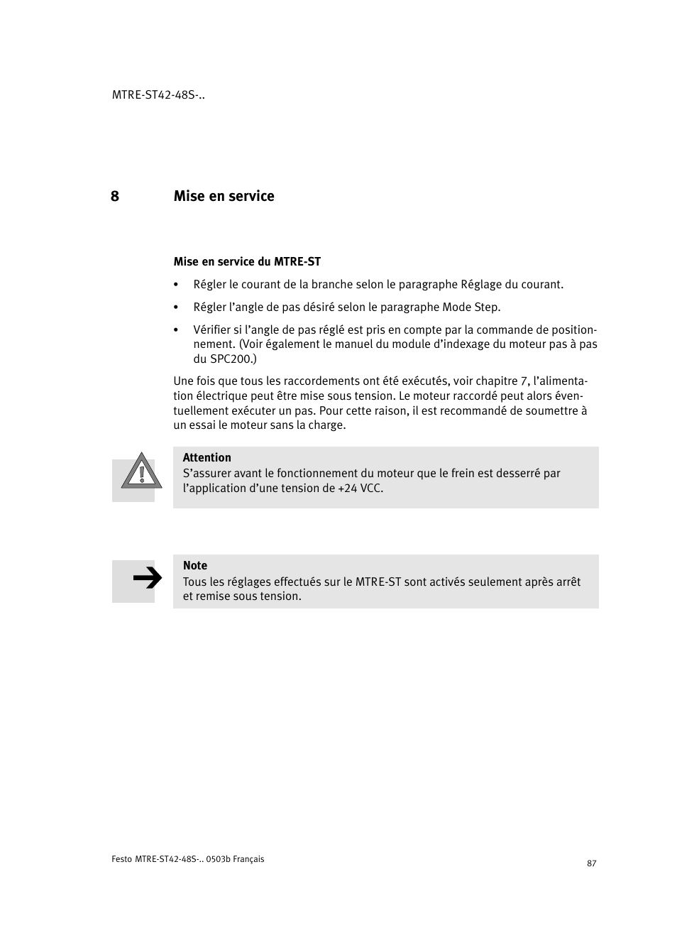 8 mise en service, Mise en service du mtre-st, 8mise en service | Festo Шаговые моторы MTRE-ST User Manual | Page 87 / 140