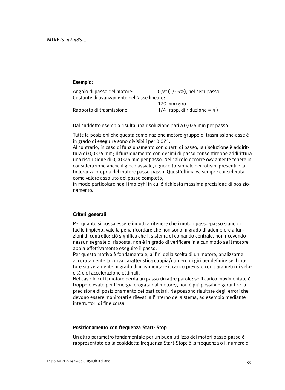 Esempio, Criteri generali, Posizionamento con frequenza start- stop | Festo Шаговые моторы MTRE-ST User Manual | Page 95 / 140