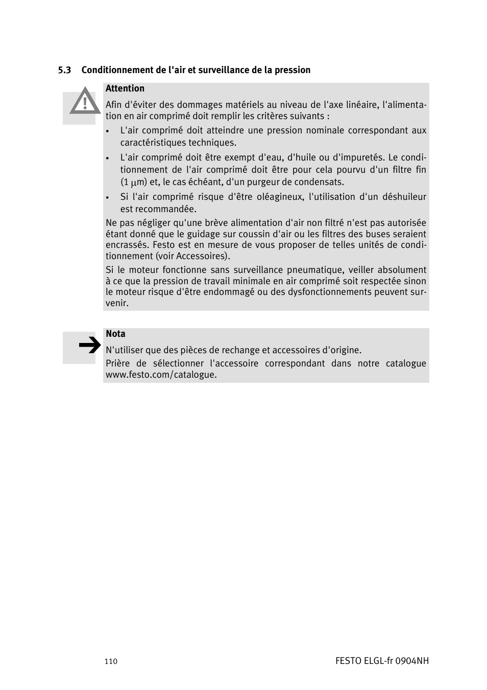 Onditionnement de l, Air et surveillance de la pression | Festo Линейный привод ELGL-LAS User Manual | Page 111 / 216