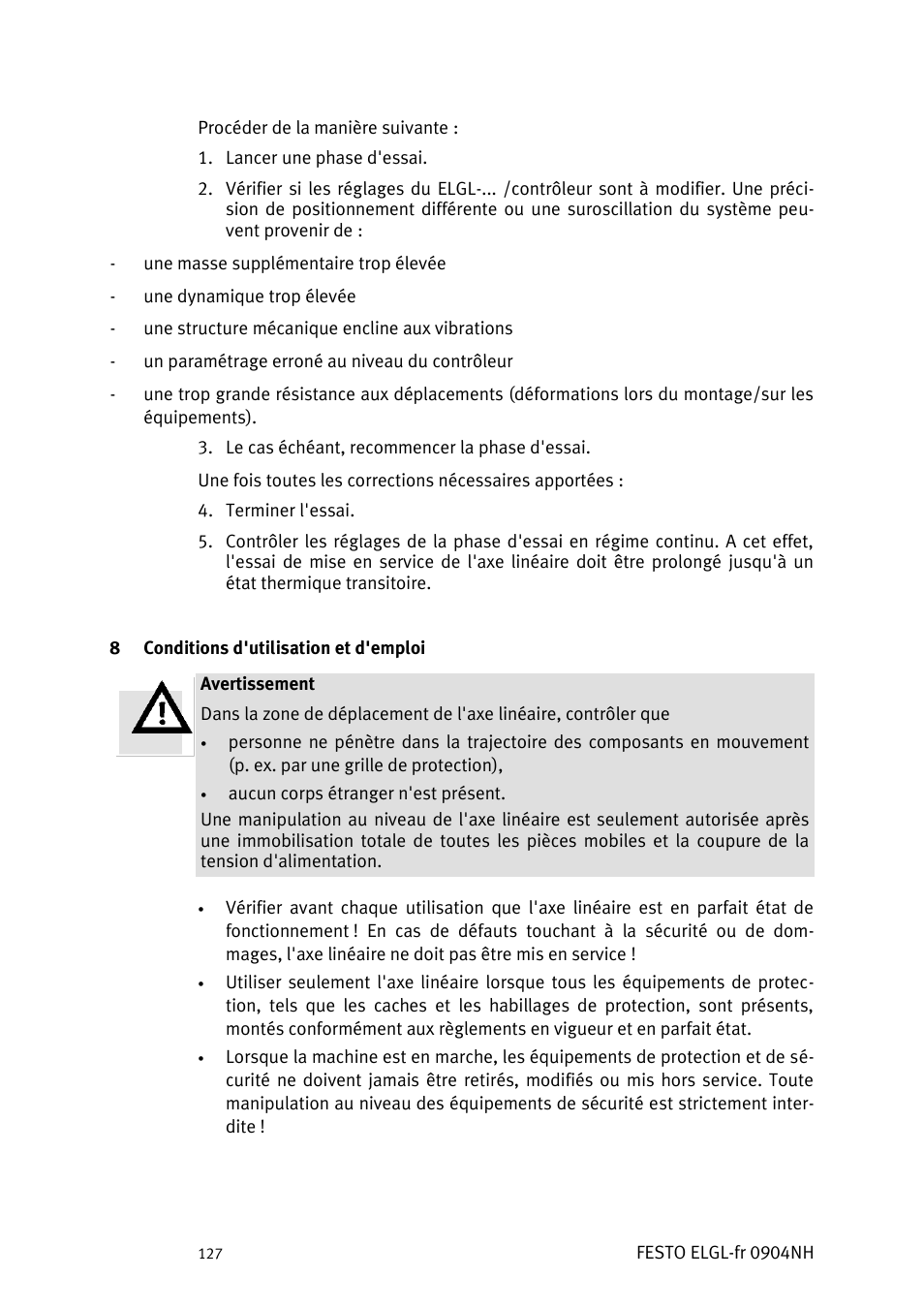 Conditions d'utilisation et d'emploi | Festo Линейный привод ELGL-LAS User Manual | Page 128 / 216