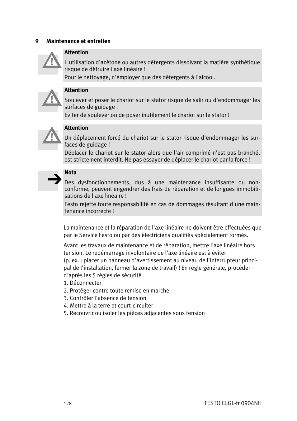 Maintenance et entretien | Festo Линейный привод ELGL-LAS User Manual | Page 129 / 216