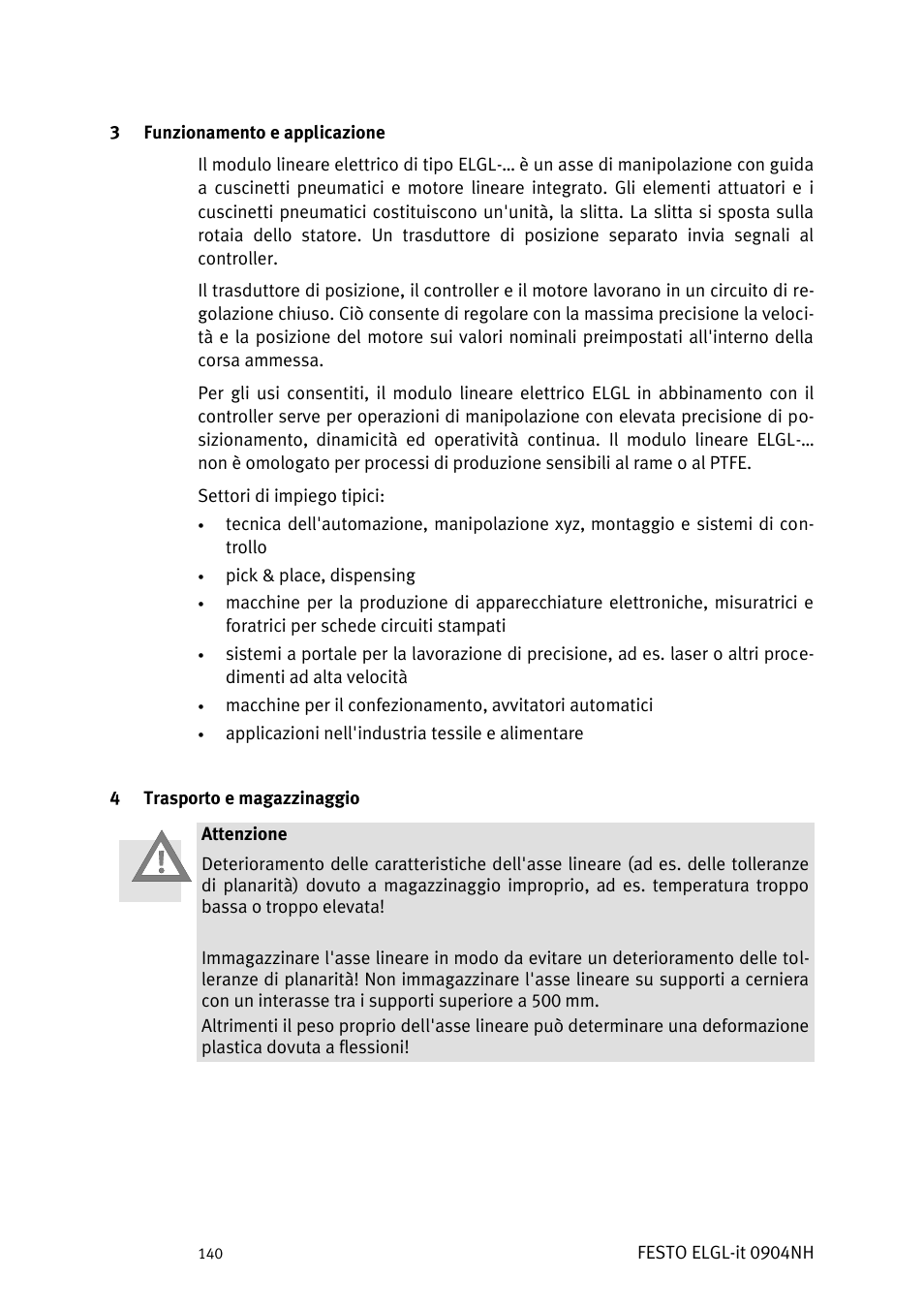 Funzionamento e applicazione, Trasporto e magazzinaggio | Festo Линейный привод ELGL-LAS User Manual | Page 141 / 216