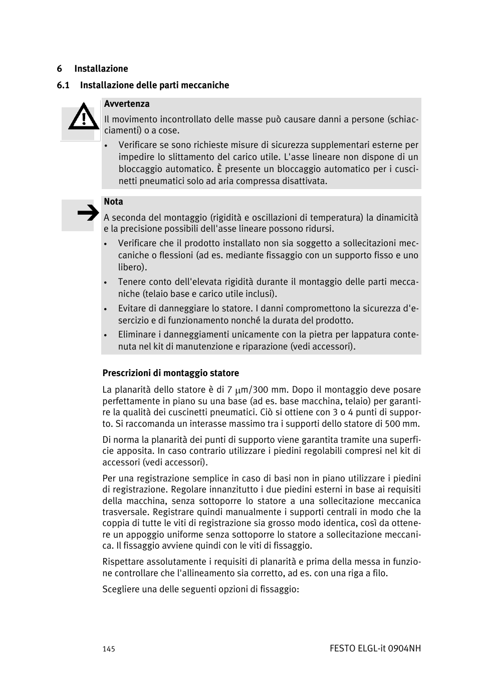 Installazione, Nstallazione delle parti meccaniche | Festo Линейный привод ELGL-LAS User Manual | Page 146 / 216