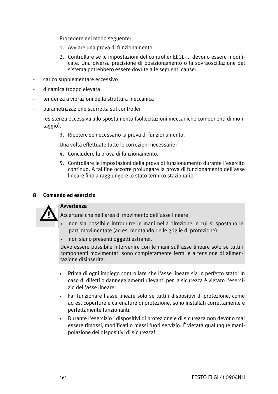 Comando ed esercizio | Festo Линейный привод ELGL-LAS User Manual | Page 162 / 216