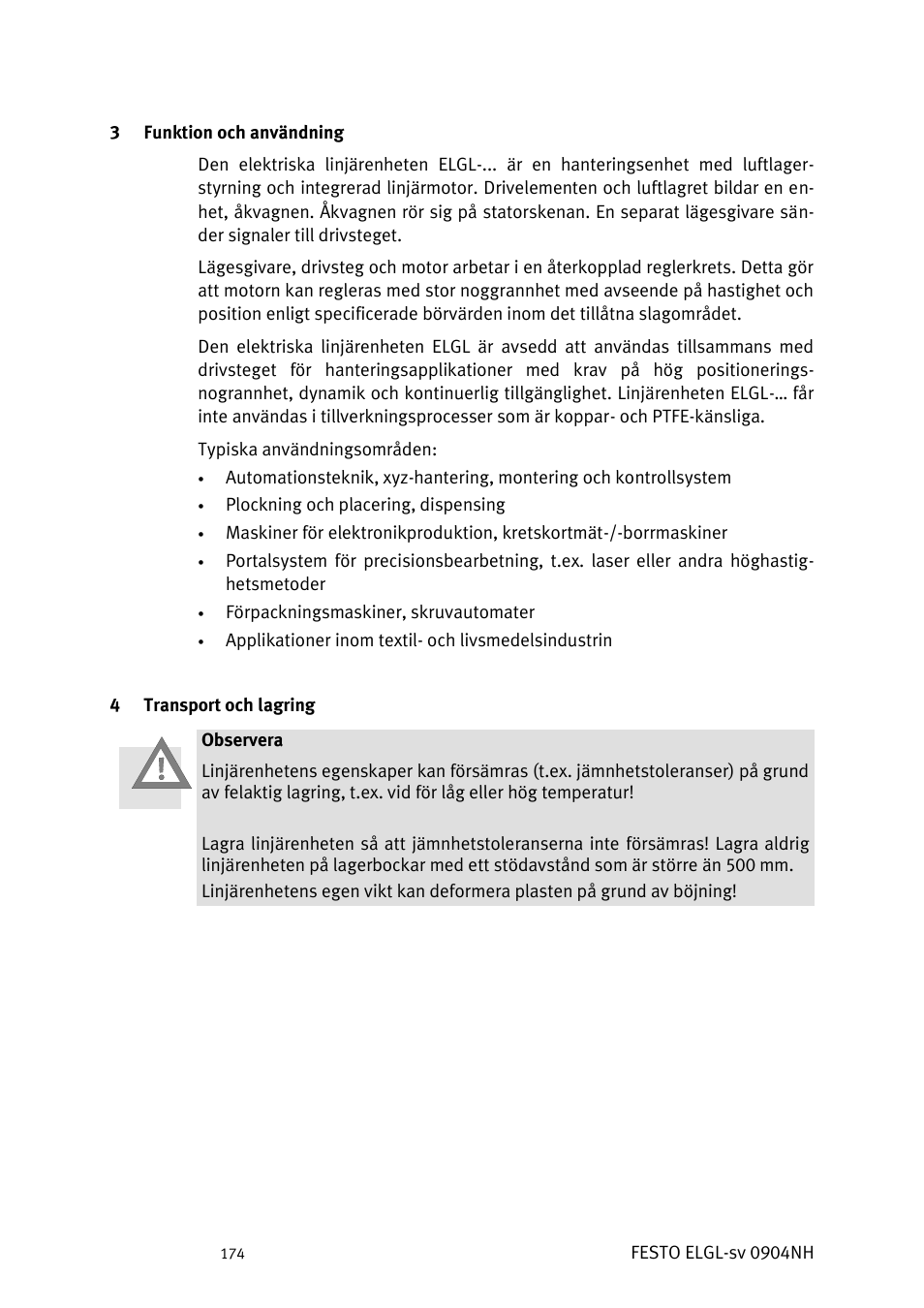 Funktion och användning, Transport och lagring | Festo Линейный привод ELGL-LAS User Manual | Page 175 / 216