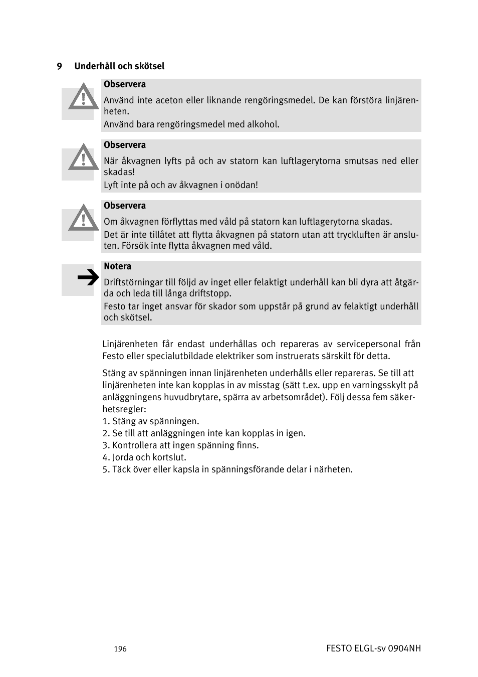 Underhåll och skötsel | Festo Линейный привод ELGL-LAS User Manual | Page 197 / 216