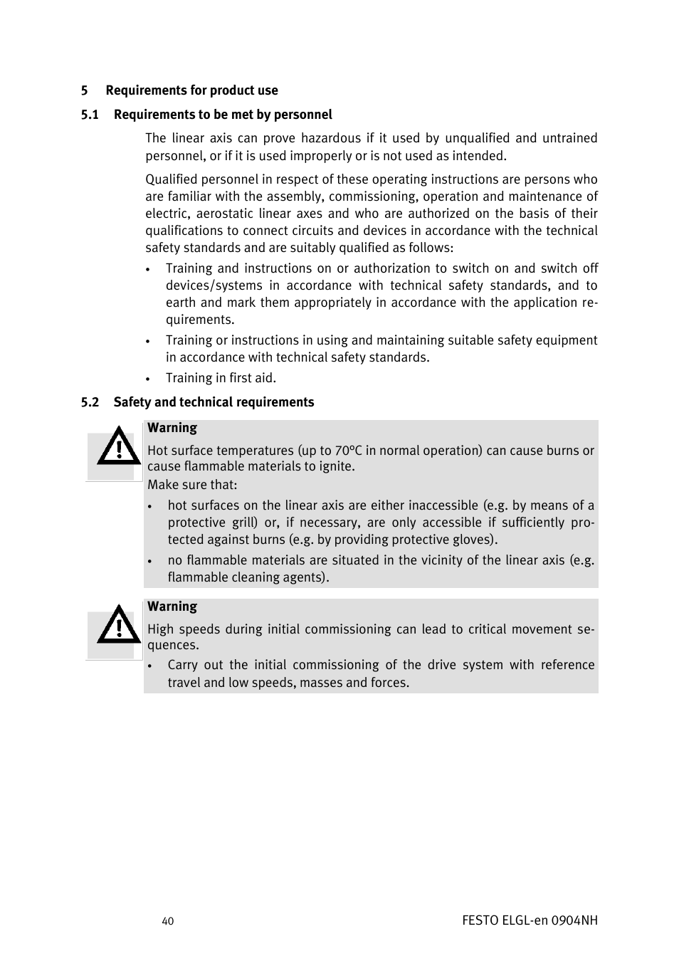 Requirements for product use, Equirements to be met by personnel, Afety and technical requirements | Festo Линейный привод ELGL-LAS User Manual | Page 41 / 216