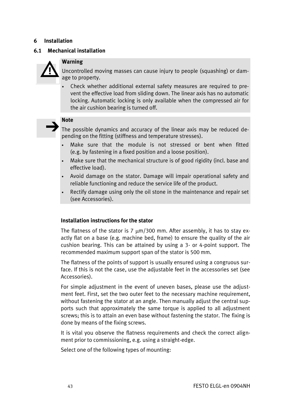 Installation, Echanical installation | Festo Линейный привод ELGL-LAS User Manual | Page 44 / 216