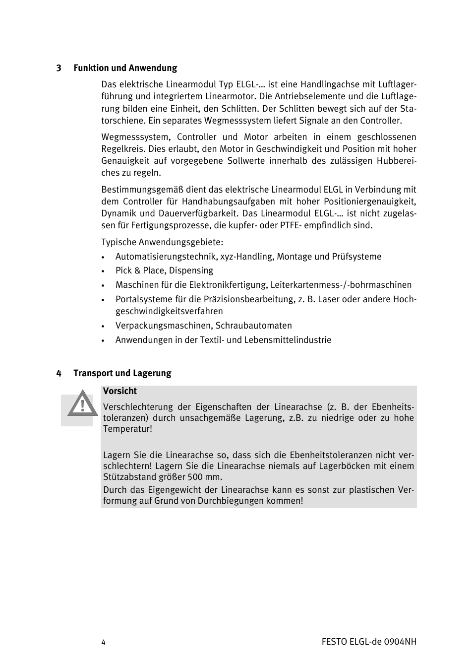 Funktion und anwendung, Transport und lagerung | Festo Линейный привод ELGL-LAS User Manual | Page 5 / 216
