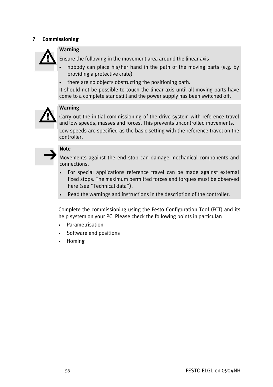 Commissioning | Festo Линейный привод ELGL-LAS User Manual | Page 59 / 216