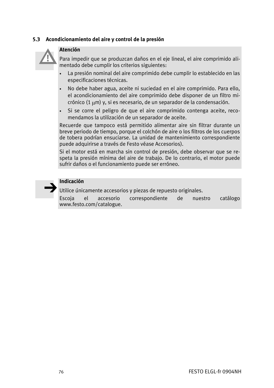 Condicionamiento del aire y control de la presión | Festo Линейный привод ELGL-LAS User Manual | Page 77 / 216