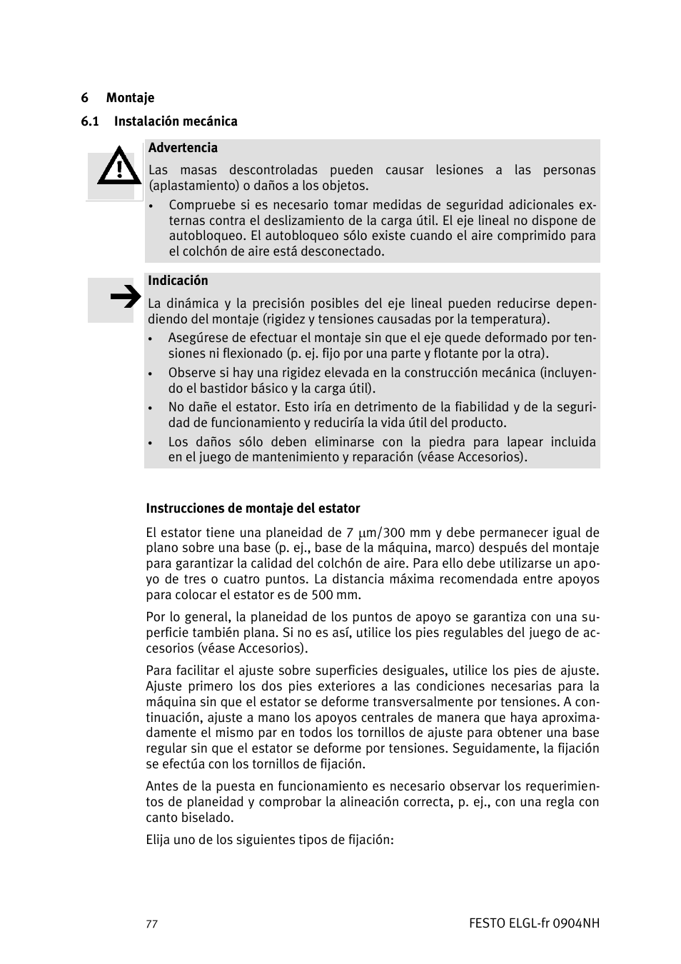 Montaje, Nstalación mecánica | Festo Линейный привод ELGL-LAS User Manual | Page 78 / 216