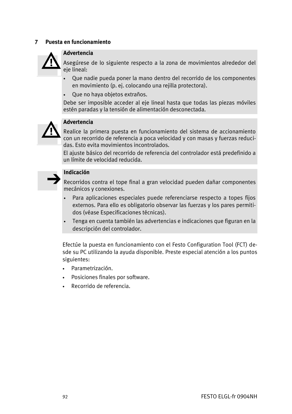 Puesta en funcionamiento | Festo Линейный привод ELGL-LAS User Manual | Page 93 / 216