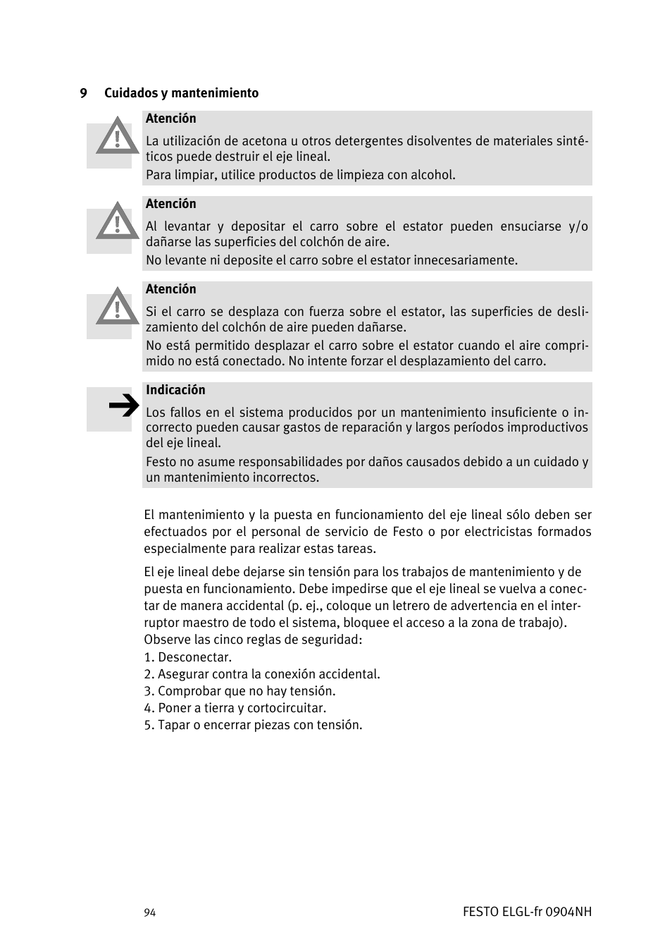 Cuidados y mantenimiento | Festo Линейный привод ELGL-LAS User Manual | Page 95 / 216