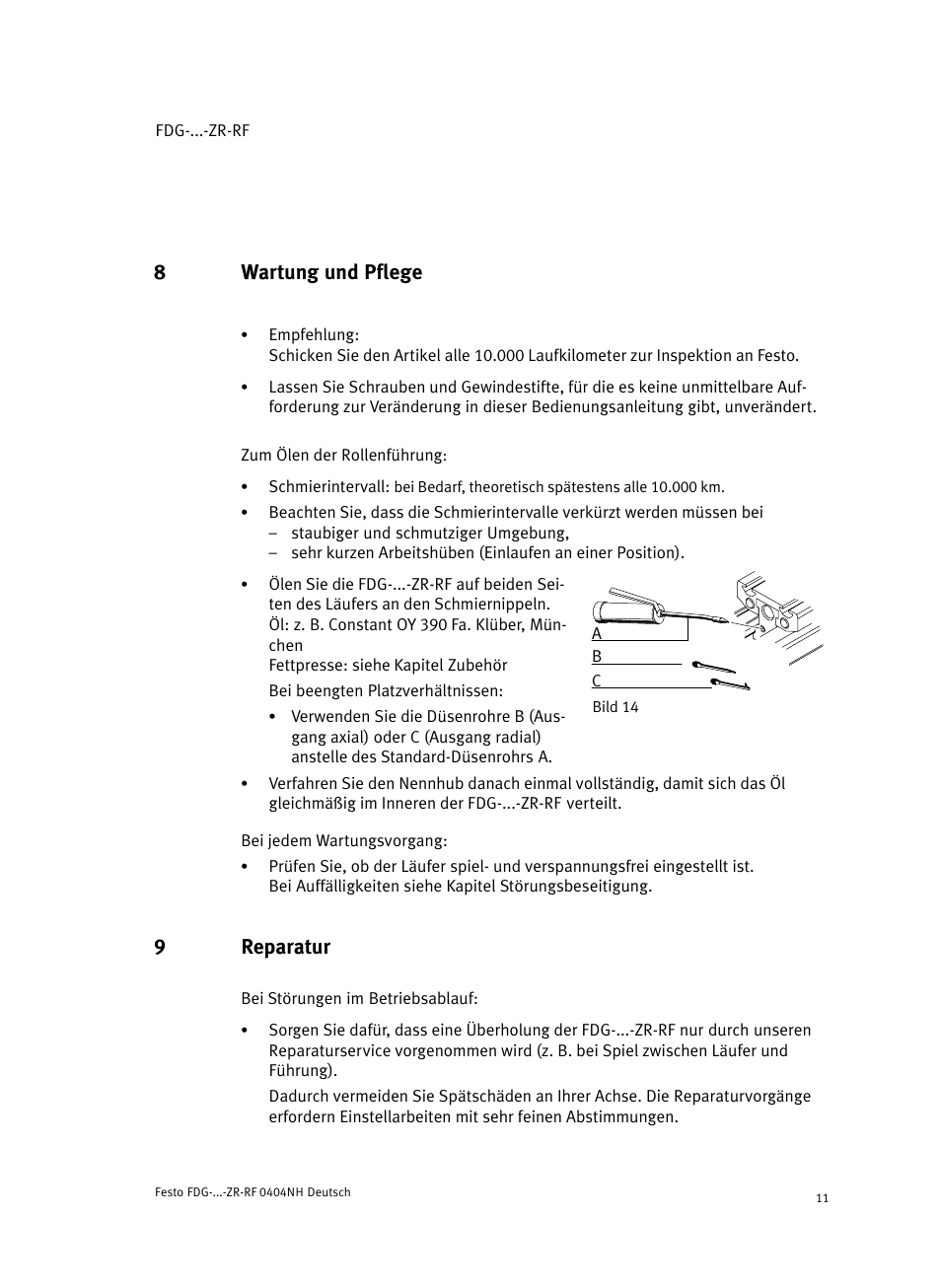 8 wartung und pflege, 9 reparatur, 8wartung und pflege | 9reparatur | Festo Пассивные нправляющиеFDG-ZR-RF User Manual | Page 11 / 76