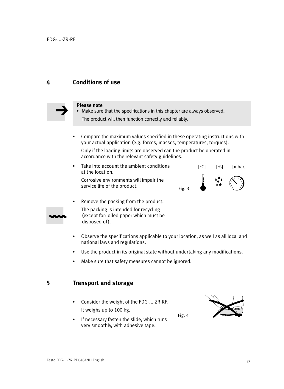 4 conditions of use, 5 transport and storage, 4conditions of use | 5transport and storage | Festo Пассивные нправляющиеFDG-ZR-RF User Manual | Page 17 / 76