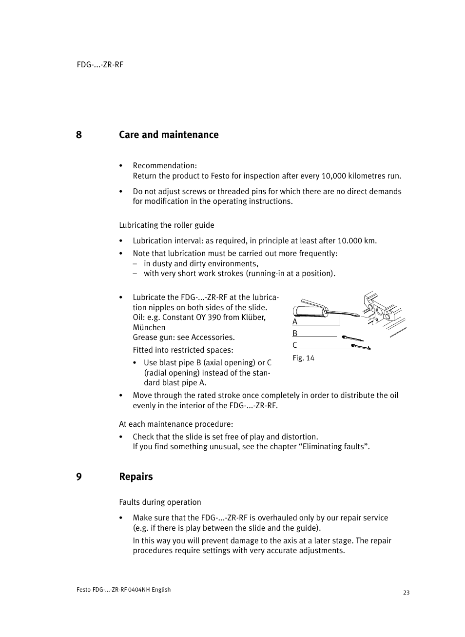 8 care and maintenance, 9 repairs, 8care and maintenance | 9repairs | Festo Пассивные нправляющиеFDG-ZR-RF User Manual | Page 23 / 76