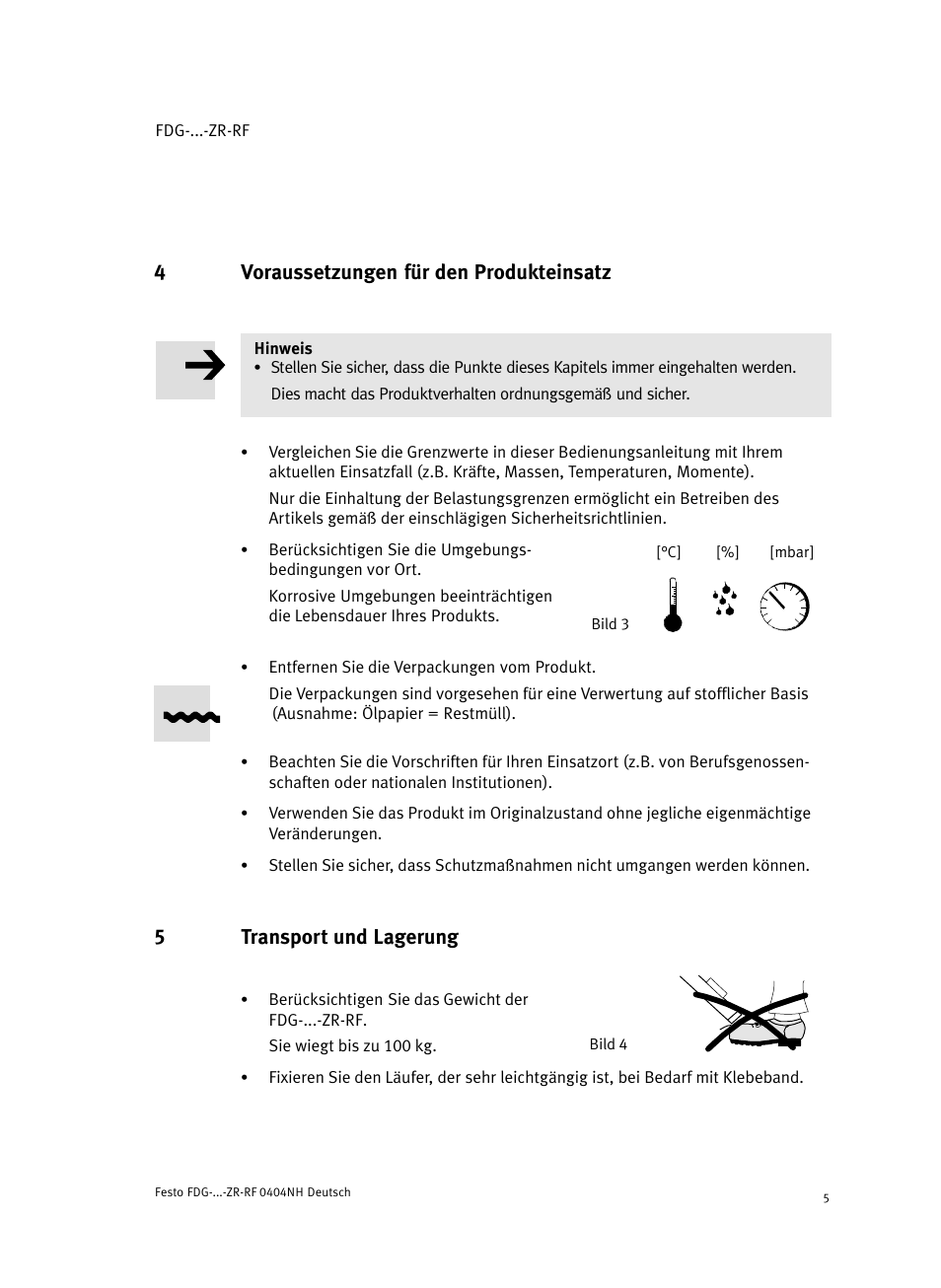 4 voraussetzungen für den produkteinsatz, 5 transport und lagerung, 4voraussetzungen für den produkteinsatz | 5transport und lagerung | Festo Пассивные нправляющиеFDG-ZR-RF User Manual | Page 5 / 76