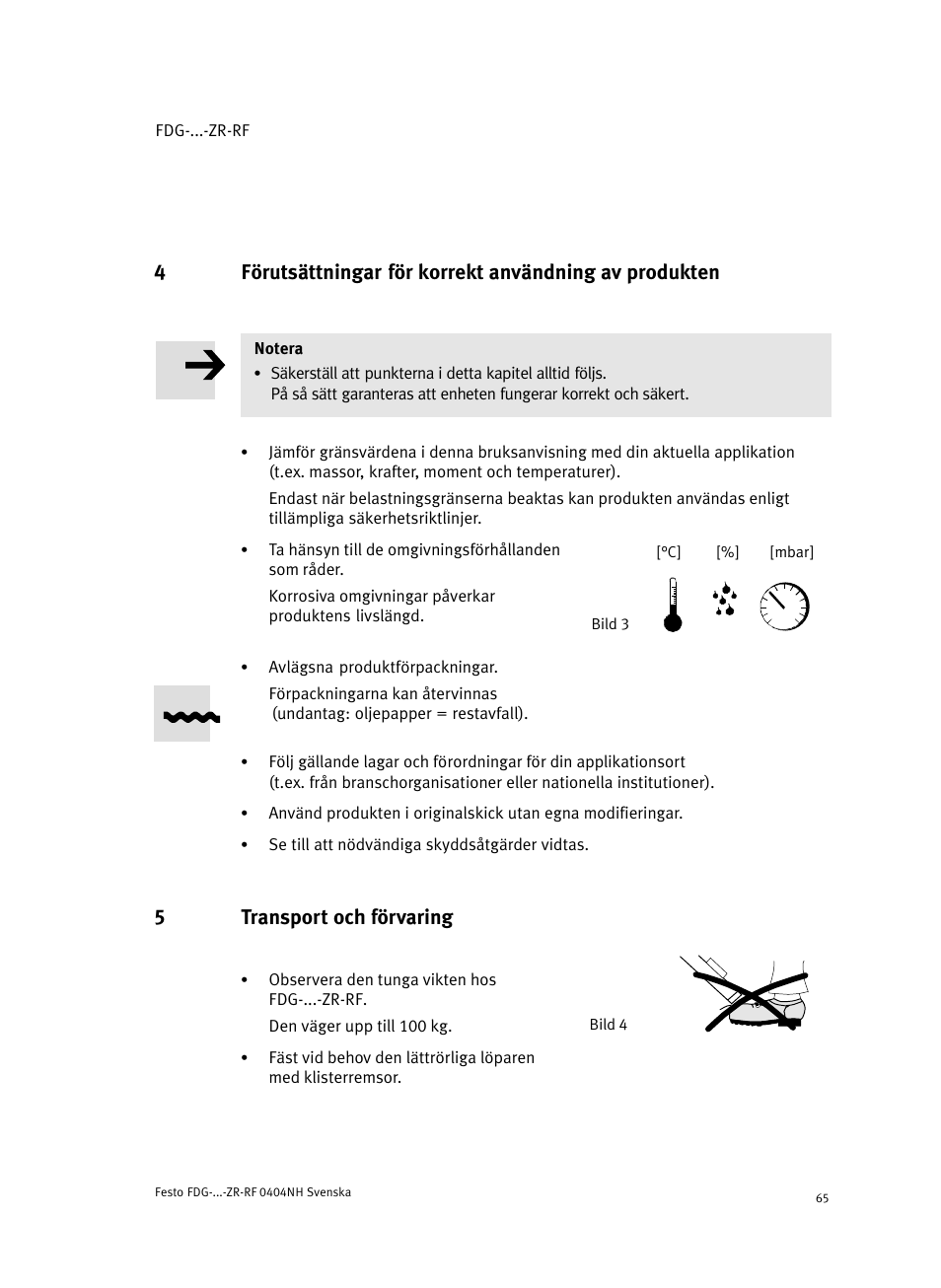 5 transport och förvaring, 5transport och förvaring | Festo Пассивные нправляющиеFDG-ZR-RF User Manual | Page 65 / 76