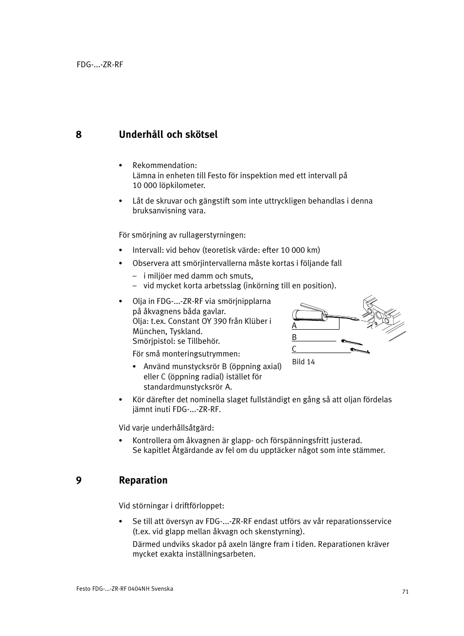 8 underhåll och skötsel, 9 reparation, 8underhåll och skötsel | 9reparation | Festo Пассивные нправляющиеFDG-ZR-RF User Manual | Page 71 / 76