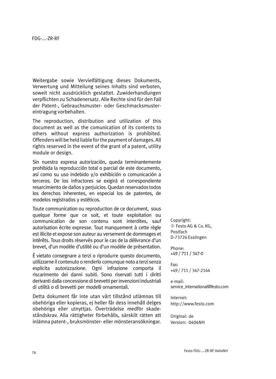 Festo Пассивные нправляющиеFDG-ZR-RF User Manual | Page 76 / 76