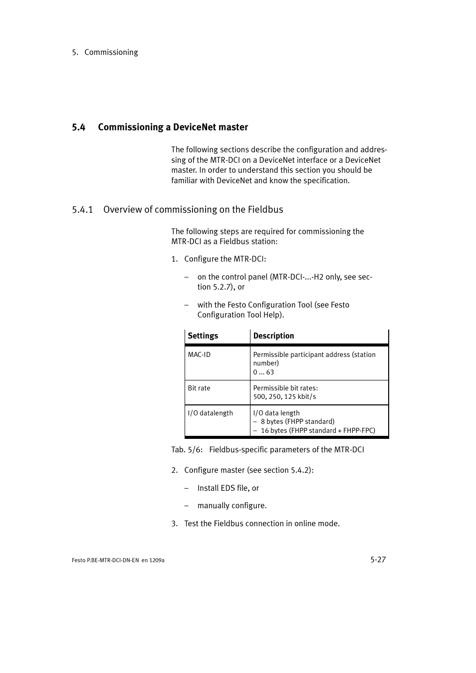 4 commissioning a devicenet master, 1 overview of commissioning on the fieldbus | Festo Электромотор MTR-DCI User Manual | Page 125 / 316