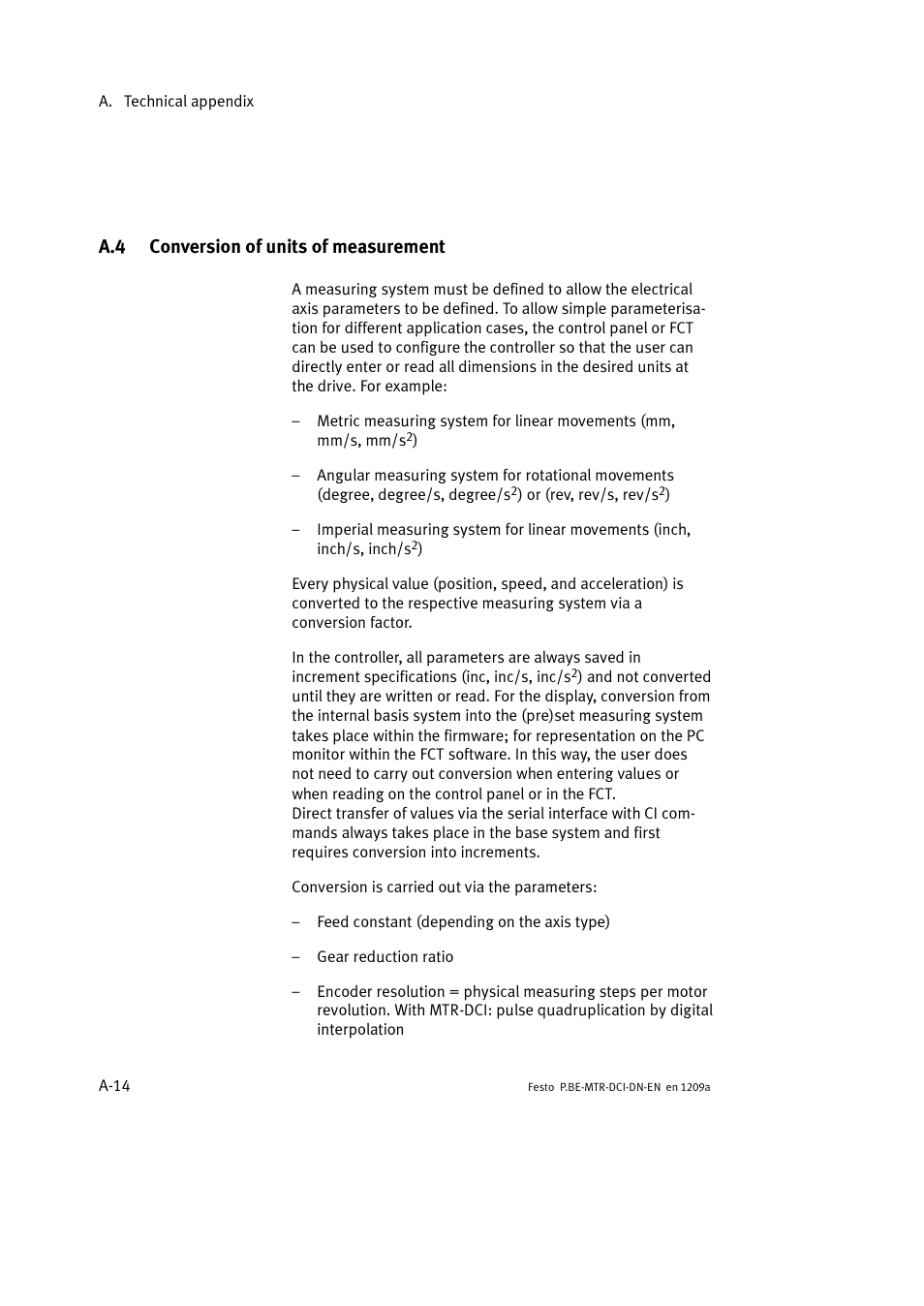 A.4 conversion of units of measurement | Festo Электромотор MTR-DCI User Manual | Page 218 / 316