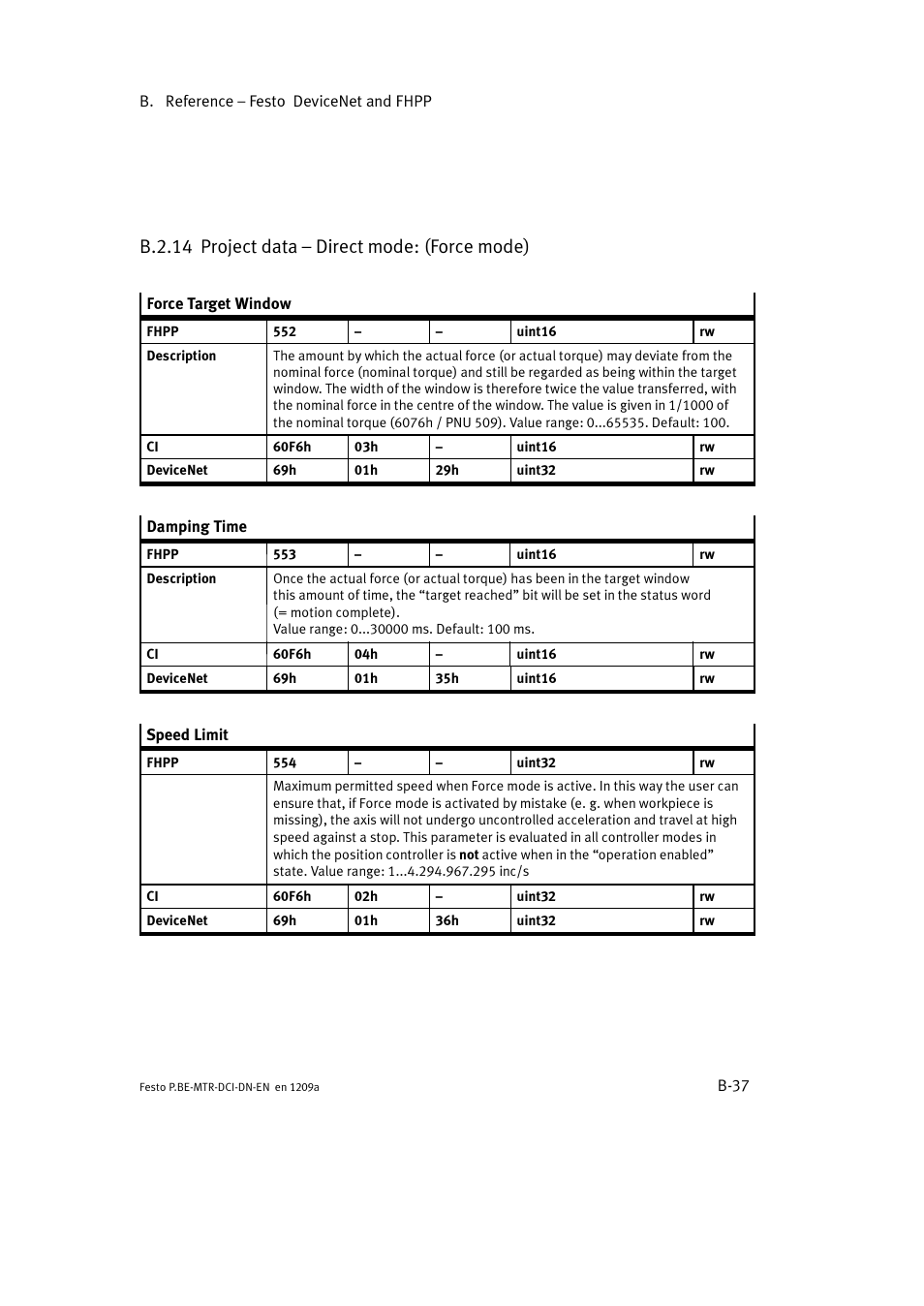 B.2.14 project data – direct mode: (force mode) | Festo Электромотор MTR-DCI User Manual | Page 259 / 316