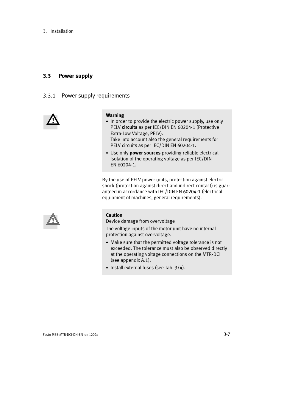 3 power supply, 1 power supply requirements | Festo Электромотор MTR-DCI User Manual | Page 63 / 316