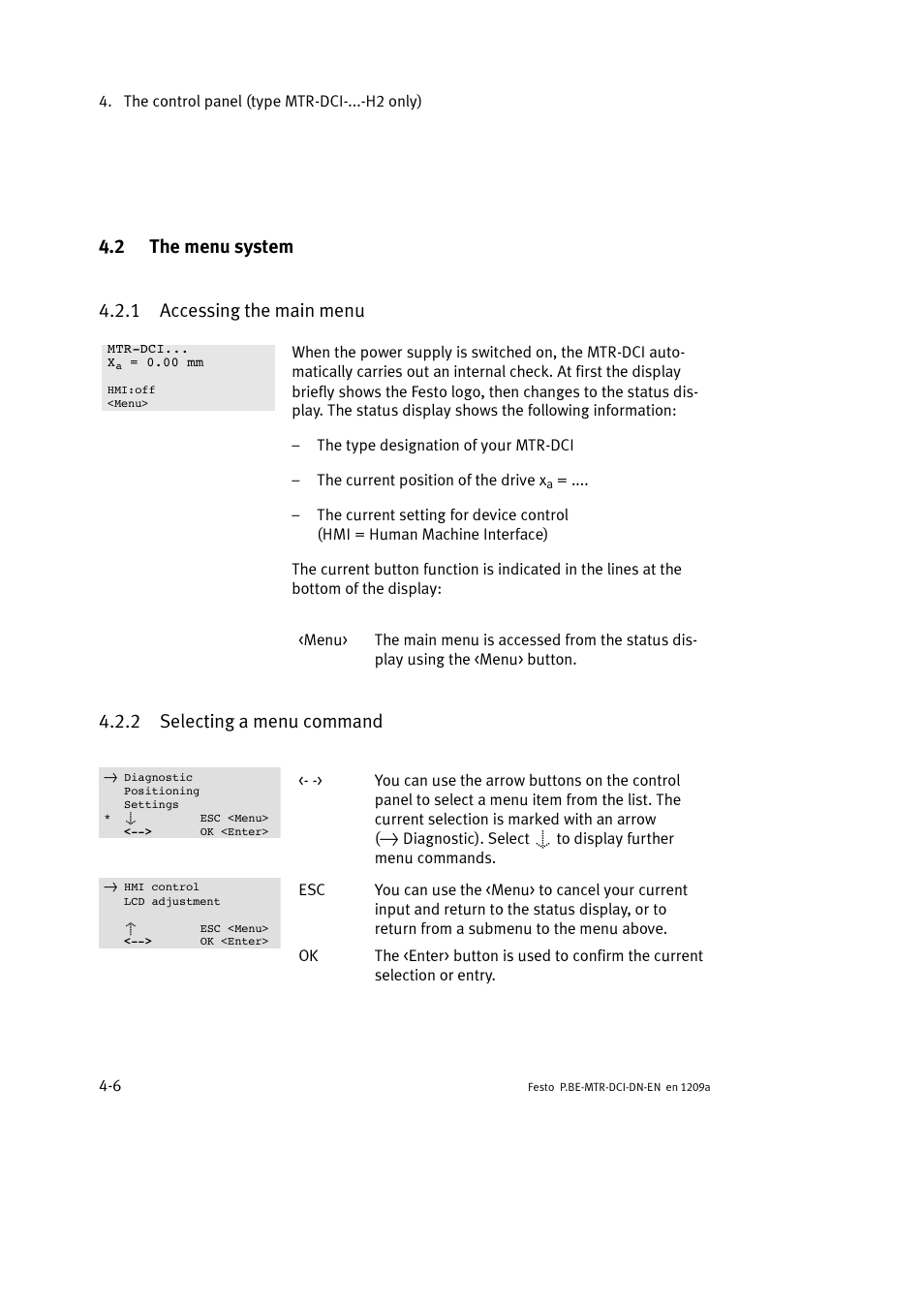 2 the menu system, 1 accessing the main menu, 2 selecting a menu command | 2 the menu system 4.2.1 accessing the main menu | Festo Электромотор MTR-DCI User Manual | Page 80 / 316