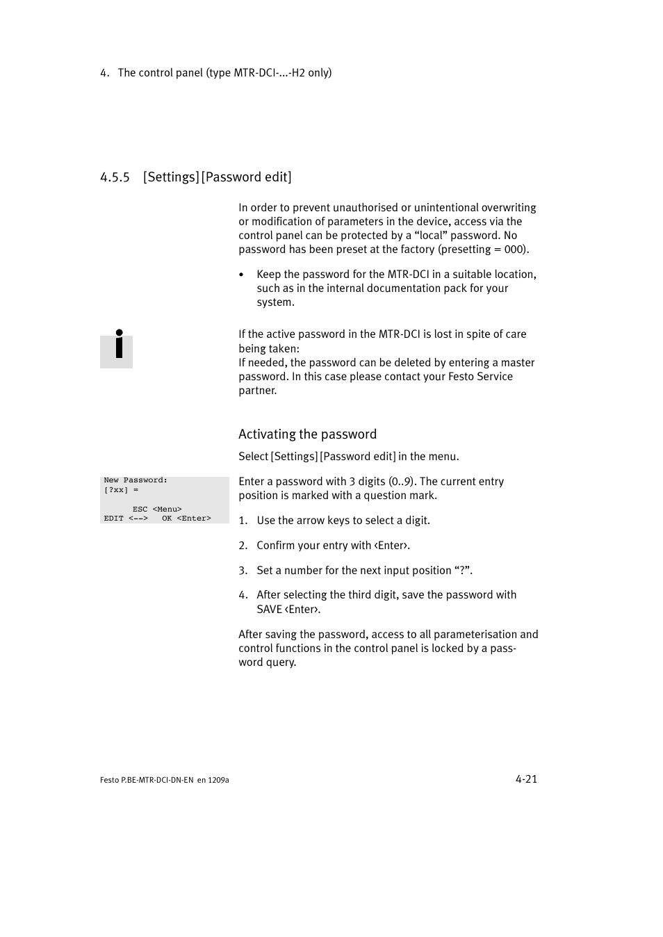 5 [settings] [password edit, Activating the password | Festo Электромотор MTR-DCI User Manual | Page 95 / 316