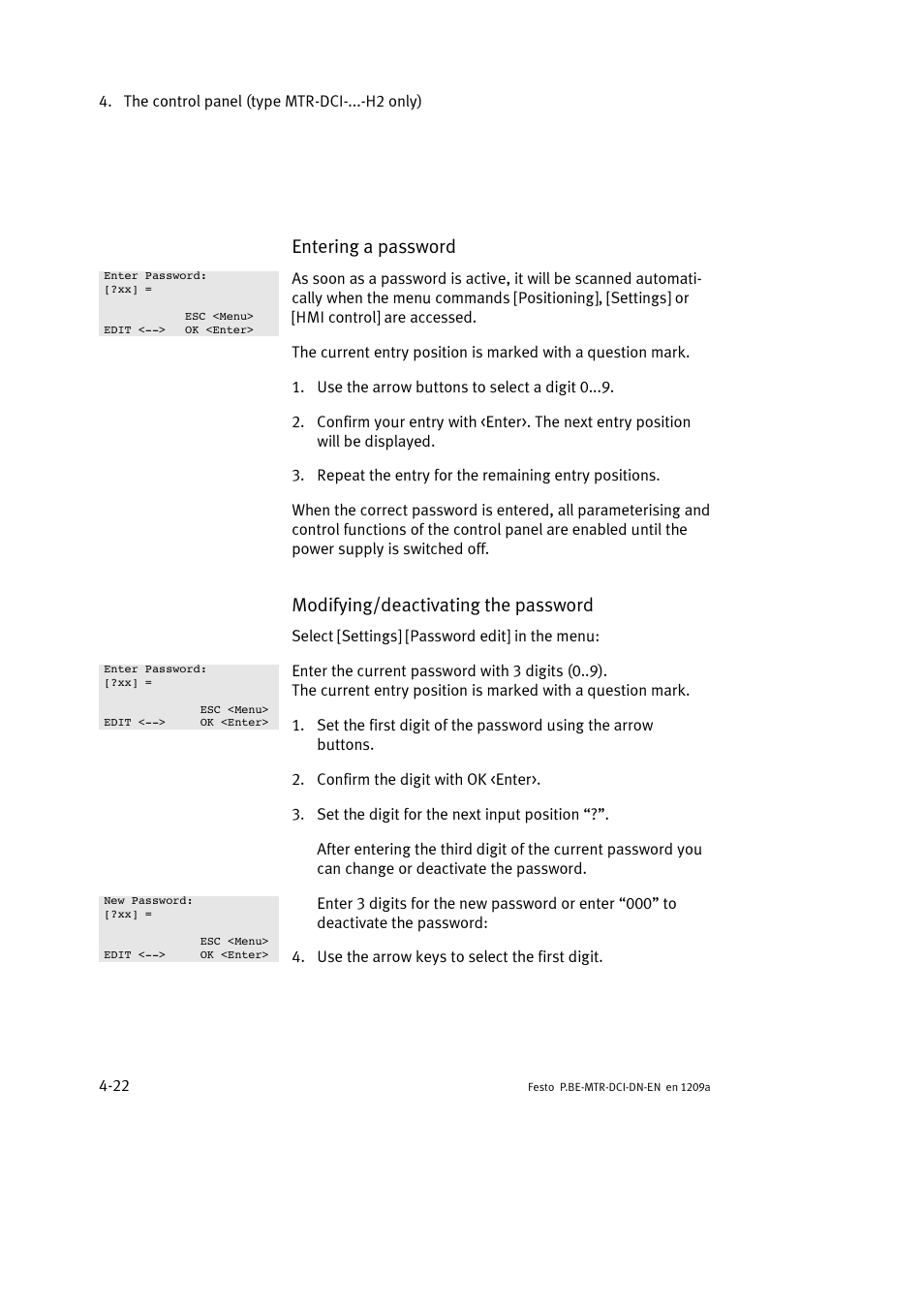 Entering a password, Modifying/deactivating the password | Festo Электромотор MTR-DCI User Manual | Page 96 / 316
