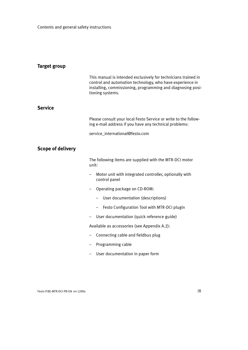 Target group, Service, Scope of delivery | Festo Электромотор MTR-DCI User Manual | Page 11 / 306