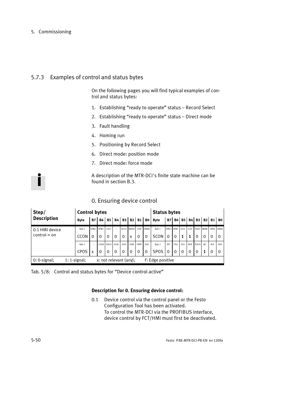 3 examples of control and status bytes, Ensuring device control, Commissioning 5-50 | Step/ description control bytes status bytes | Festo Электромотор MTR-DCI User Manual | Page 138 / 306