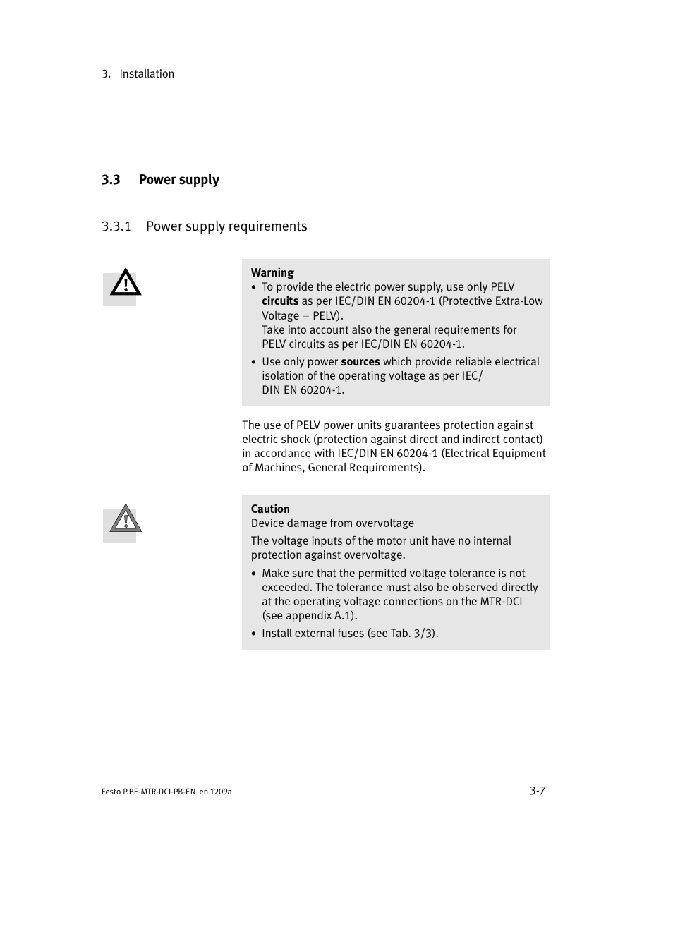 3 power supply, 1 power supply requirements | Festo Электромотор MTR-DCI User Manual | Page 55 / 306